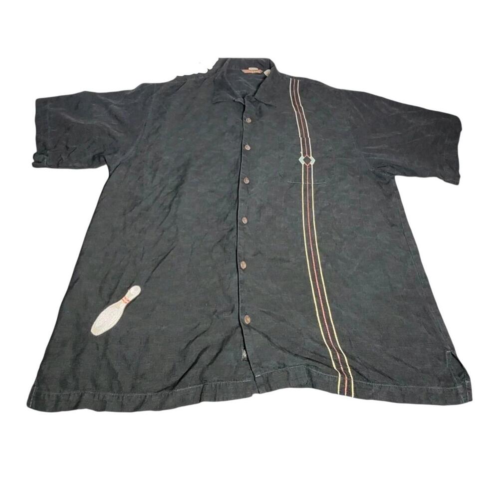 Tommy Bahama Mens St.‎ Croix Lane Hawaiian Shirt Size XL Black Bowling Pins BG
